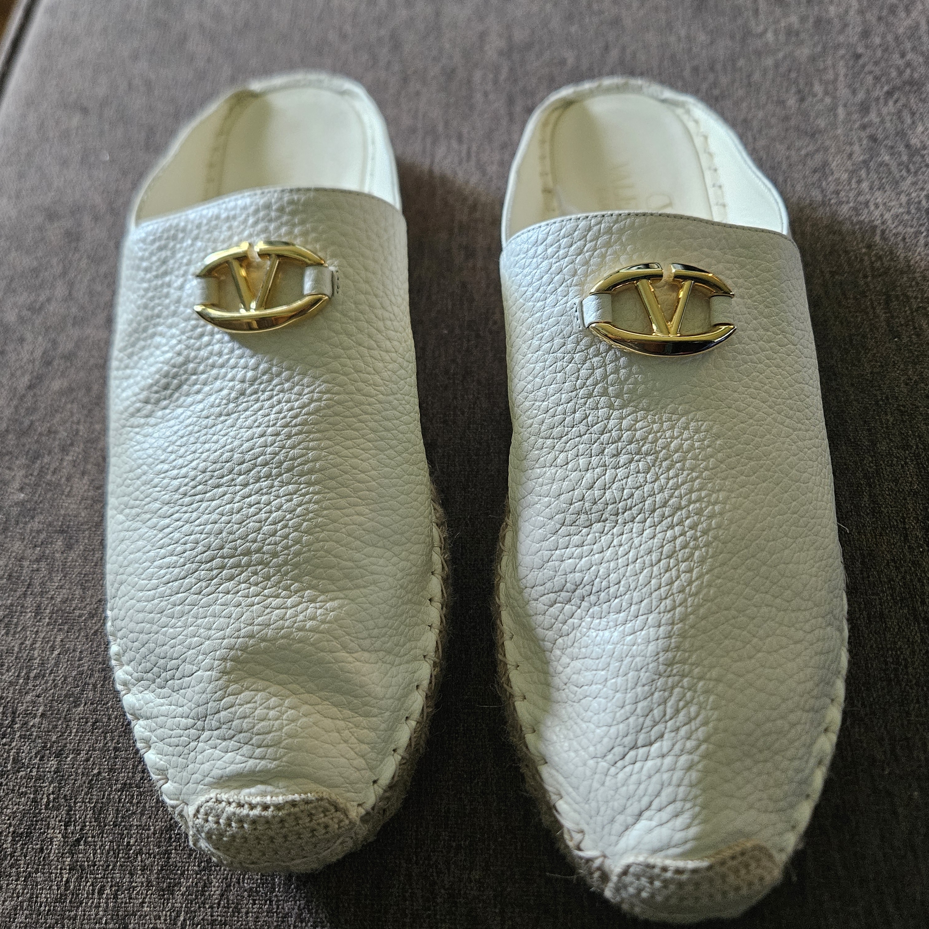 Valentino Garavani White Leather Espadrille Slip-Ons With Gold Logo
